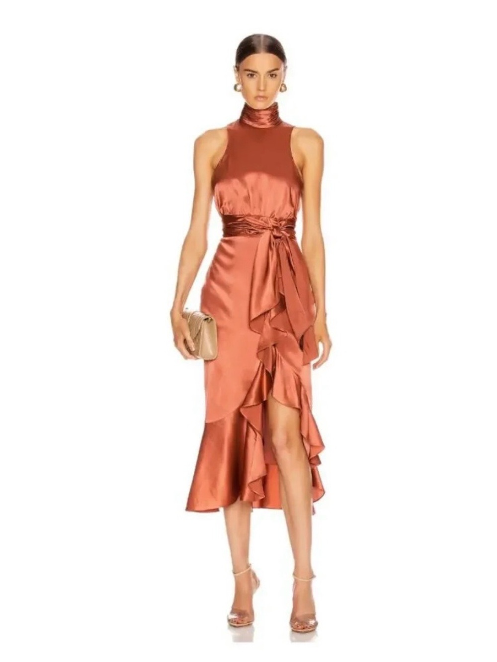 Cinq a Sept Silk Rosewood High-Neck Ruffle High-Low Dress